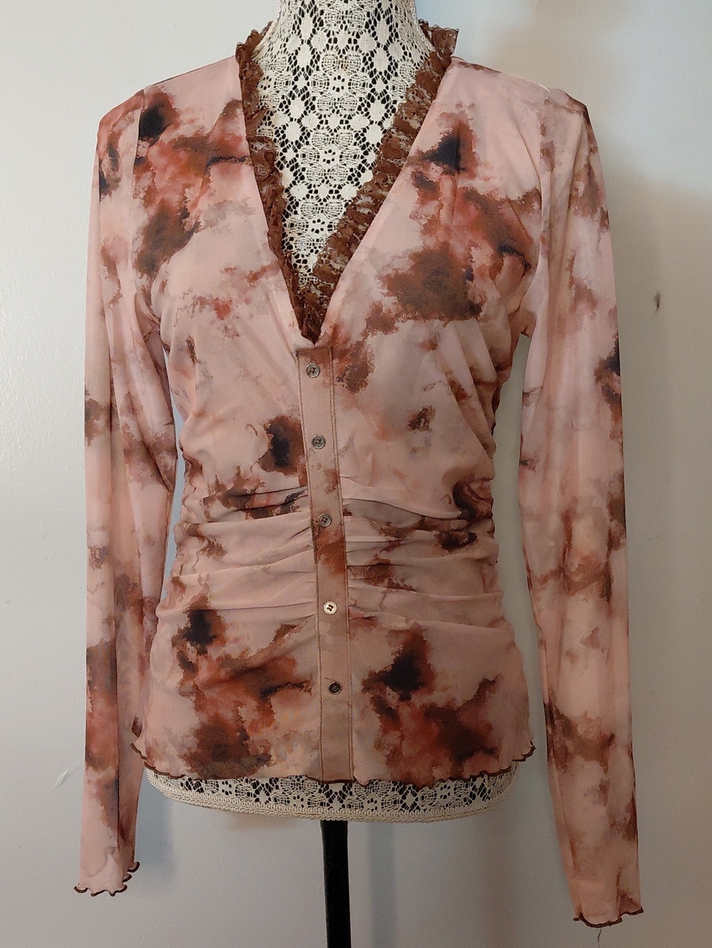 Lulu's Pink and Brown Watercolor Button-Front Long Sleeve Top